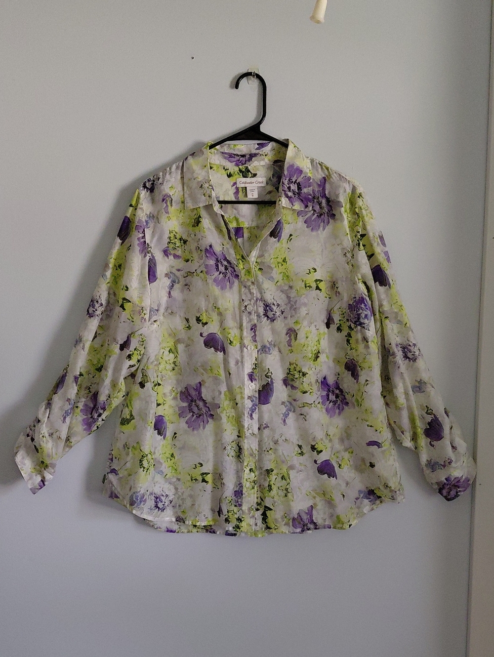 Coldwater Creek Cotton Silk Floral Button Front Roll Tab Sleeve Blouse 1X 18